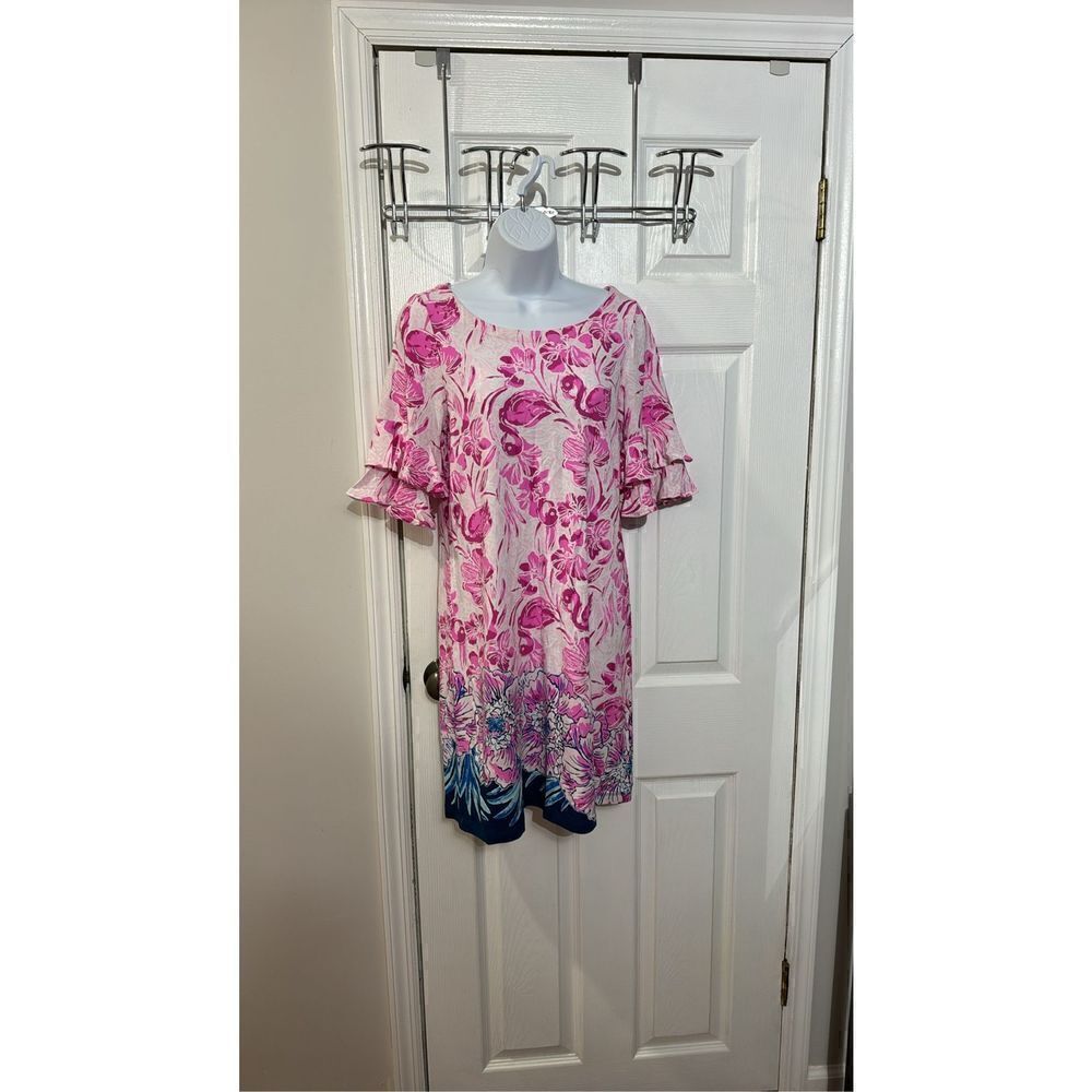 Lilly Pulitzer Lula Dress Coral Reef Tint‎ Flamingle Engineered Waffle sleeves S